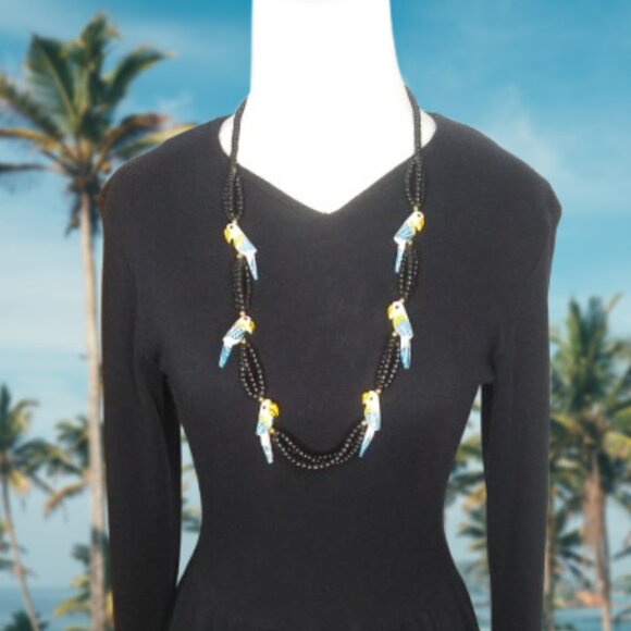 Vintage Hand Painted Wood Parrot Beaded Necklace  Fun Playful Boho Tropical - Picture 2 of 16